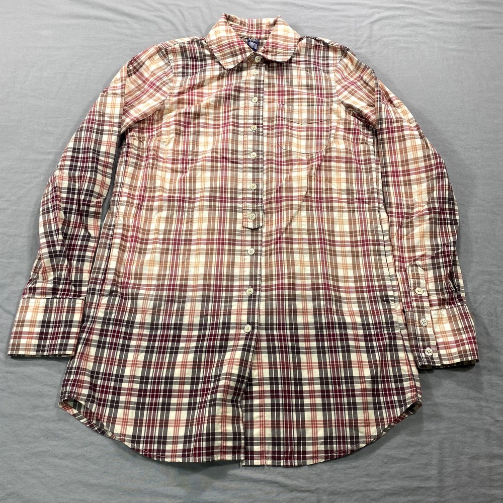 Free People Shirt Womens Size 2 Red White Plaid Ombre Tunic Button Up Blouse